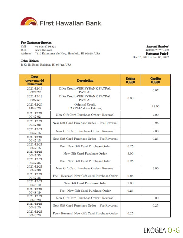 Modèle de relevé bancaire de relevé bancaire Hawaii First Hawaiian Bank au format Word et PDF